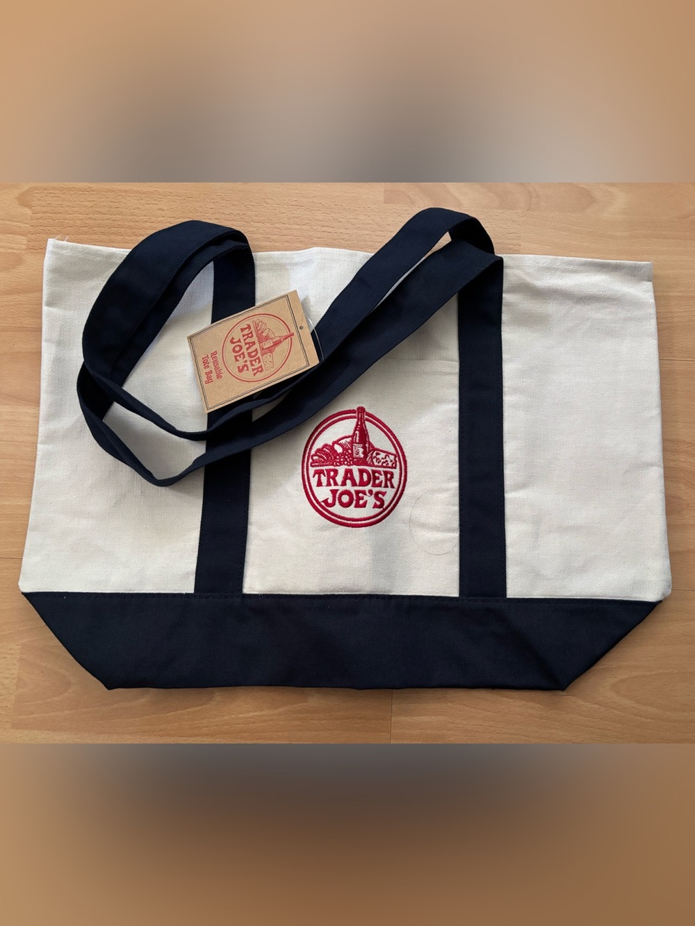 Trader Joe's Canvas Tote Bag in Cream and Navy